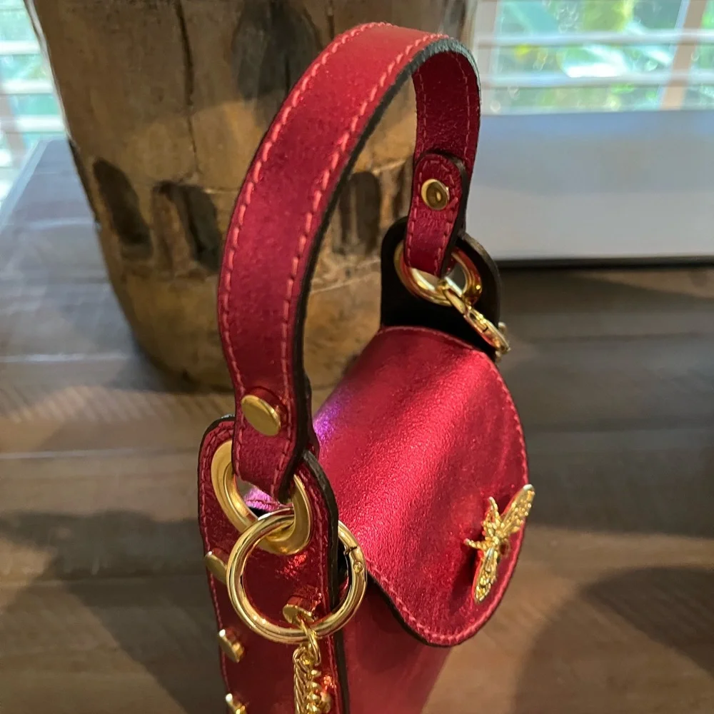 NWOT Vera Pelle Italian Leather Bee Handbag in Metallic Pink and Brilliant Gold - Picture 15 of 16